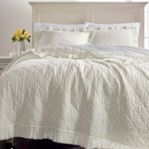 Martha Stewart Collection White Ruffled Queen Quilt Linen Cotton Blanket